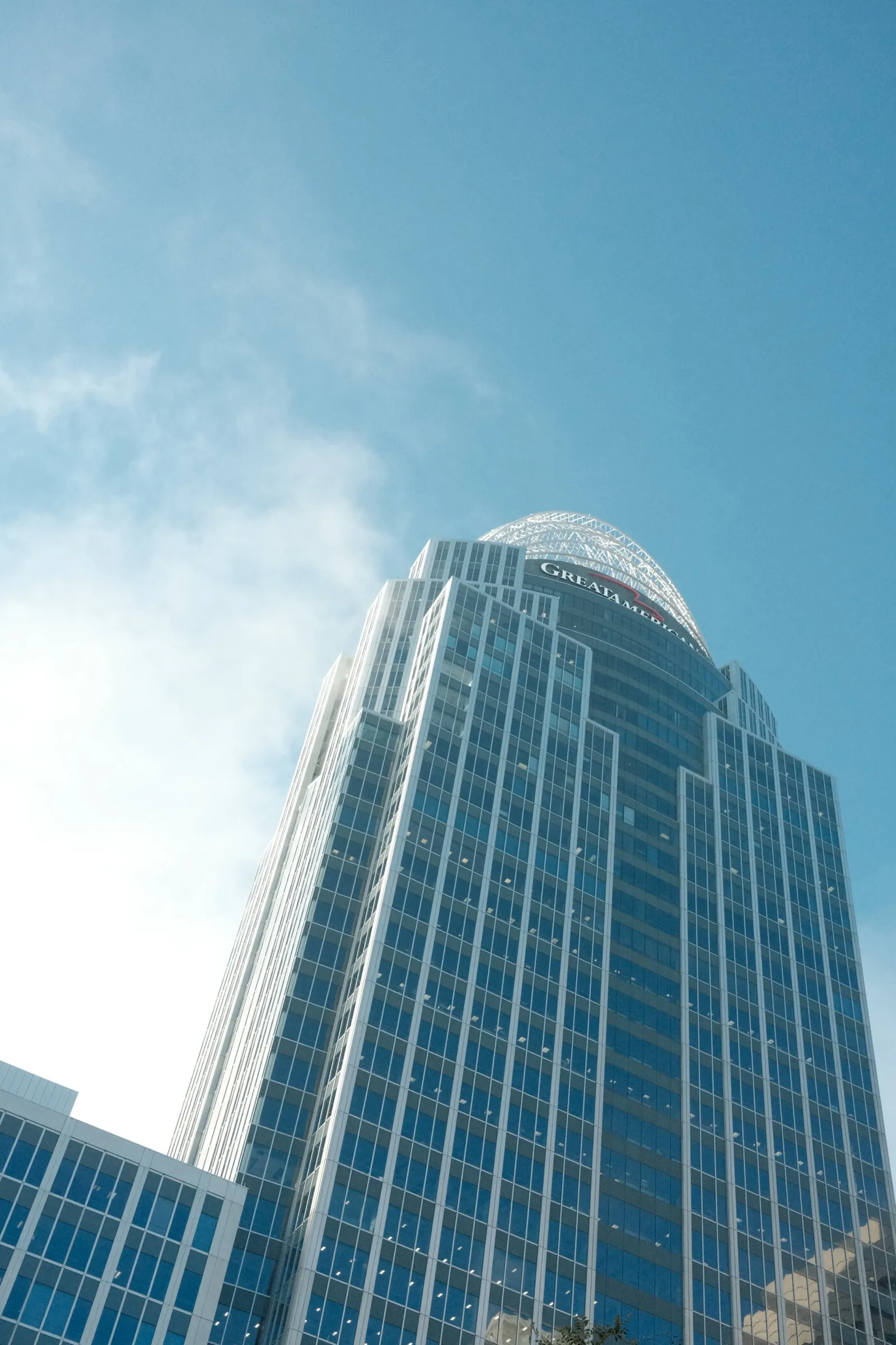 Great American Tower glass facade looking upward