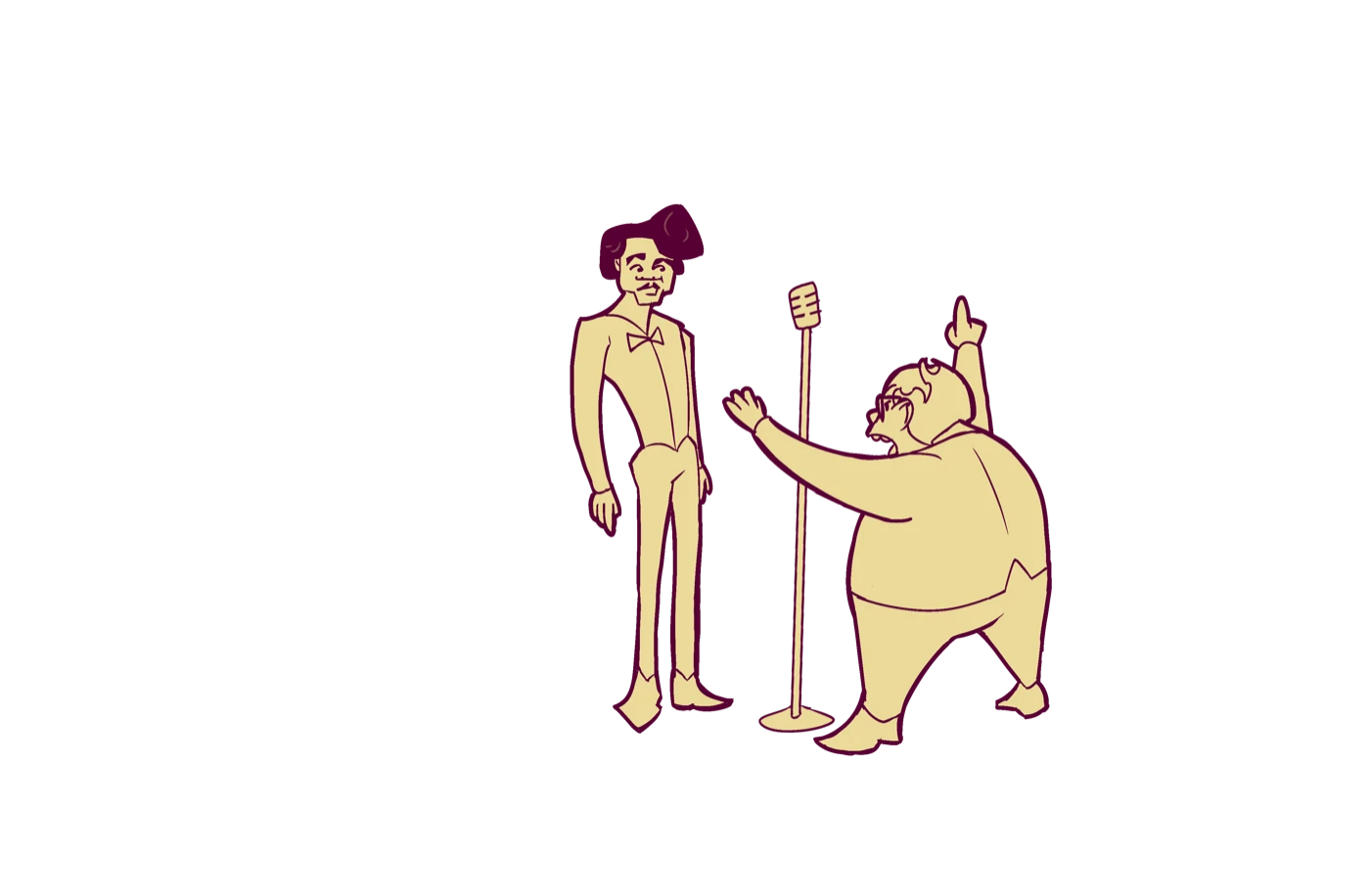 Character scene — a singer and label boss, staged to animate